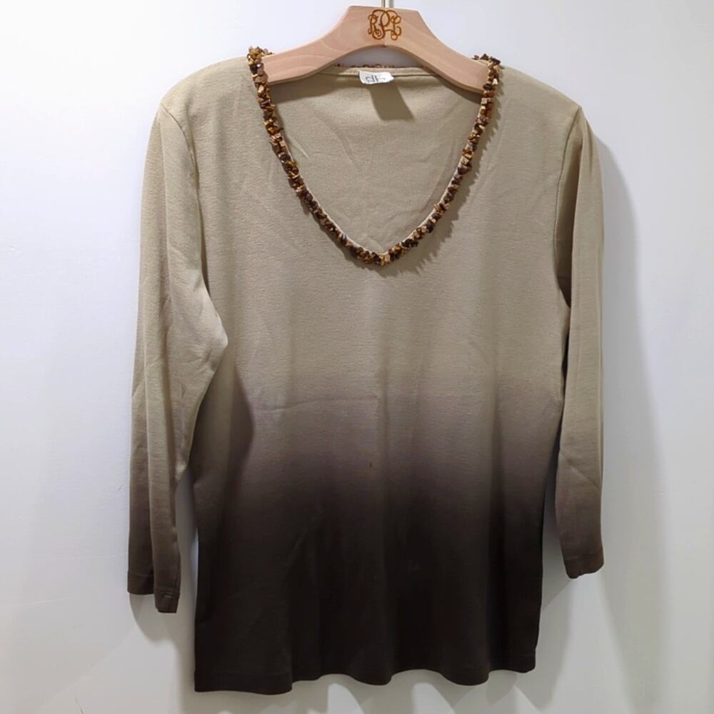 DB Life Dana Buchman Ombre Stone V-Neck 3/4 Sleeve Sweater Top Brown Wmns Sz M